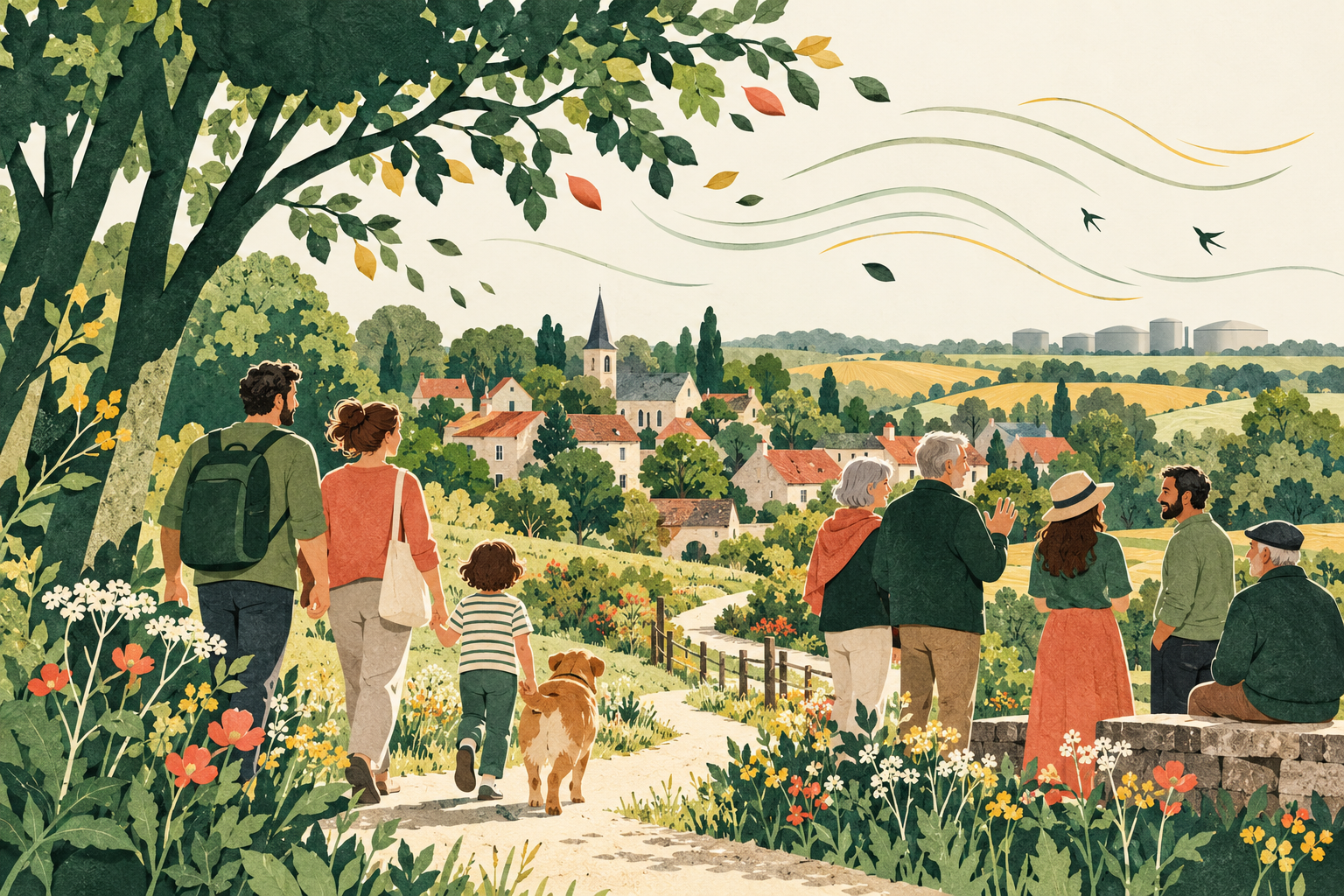 Illustration symbolique de familles et d’habitants réunis dans un village